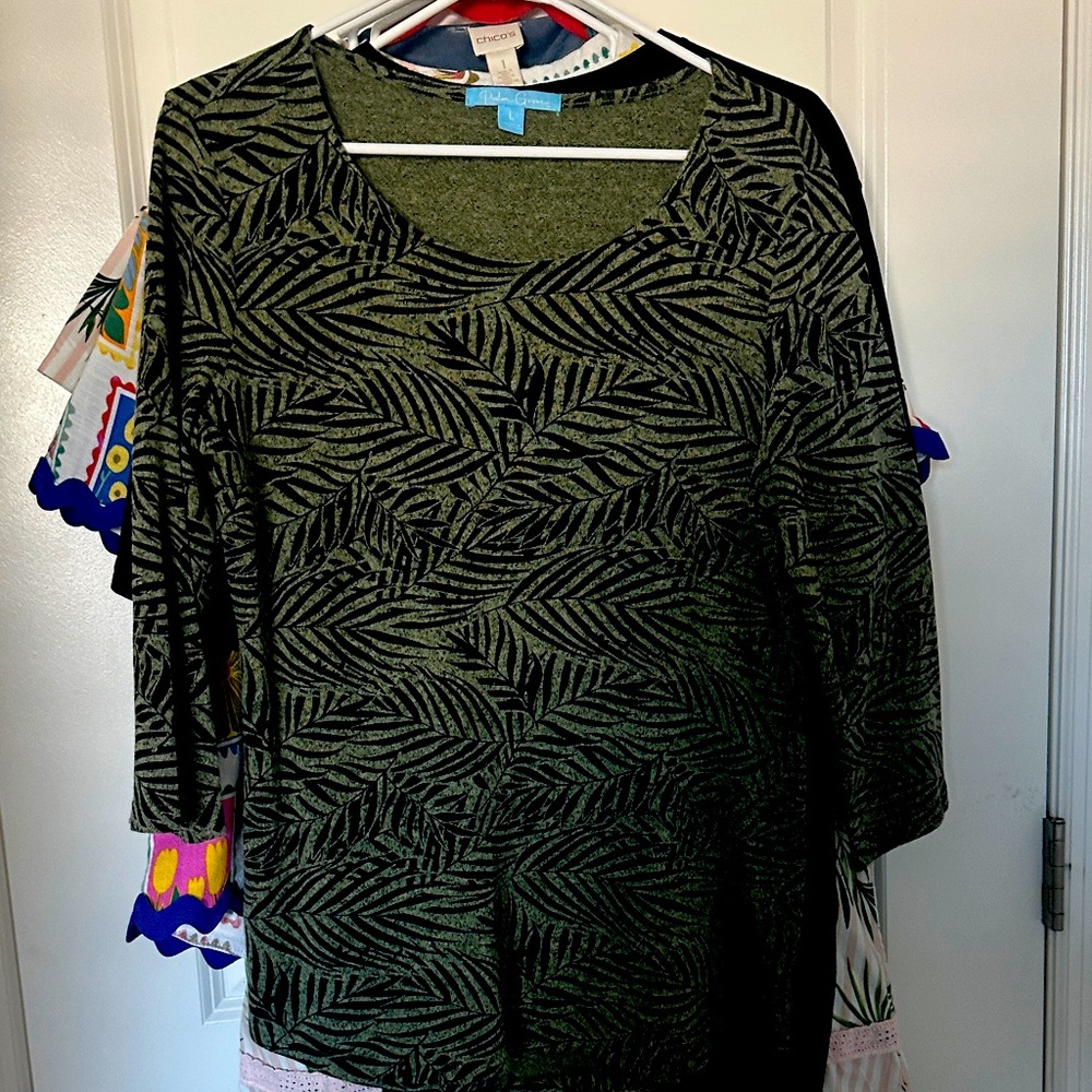 Chico's Olive Leaf Print Blouse